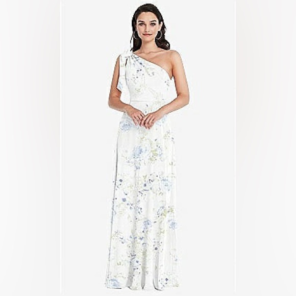 AFTER SIX CHIFFON DRAPED ONE-SHOULDER MAXI DRESS WITH SCARF BOW IN MIST SZ 12 - Picture 1 of 11